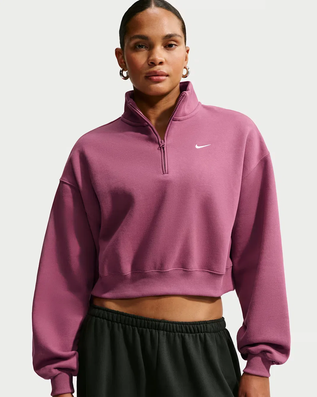Женский укороченный топ свободного кроя с молнией на четверть длины Nike Studio Fleece Medium Weight, Pink Smoke/Sail