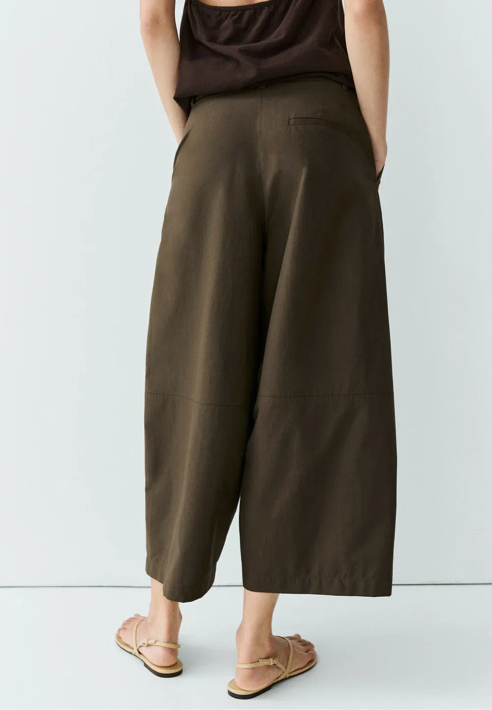 Брюки с широкими штанинами из смесовой хлопковой ткани поплин Massimo Dutti, Khaki — фото 3