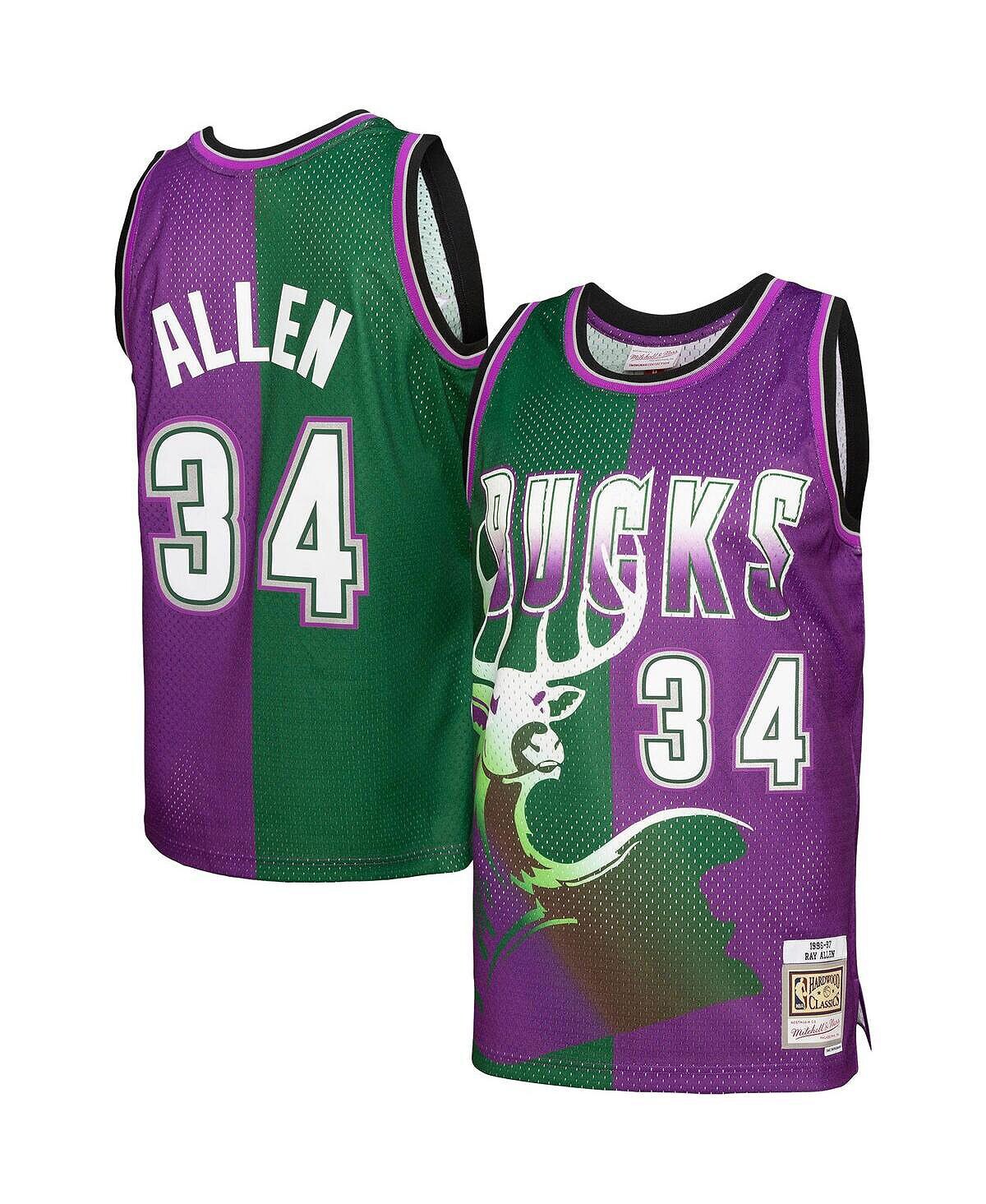 

Мужская футболка ray allen green, purple milwaukee bucks hardwood classics 1996-97 split swingman jersey Mitchell & Ness, мульти