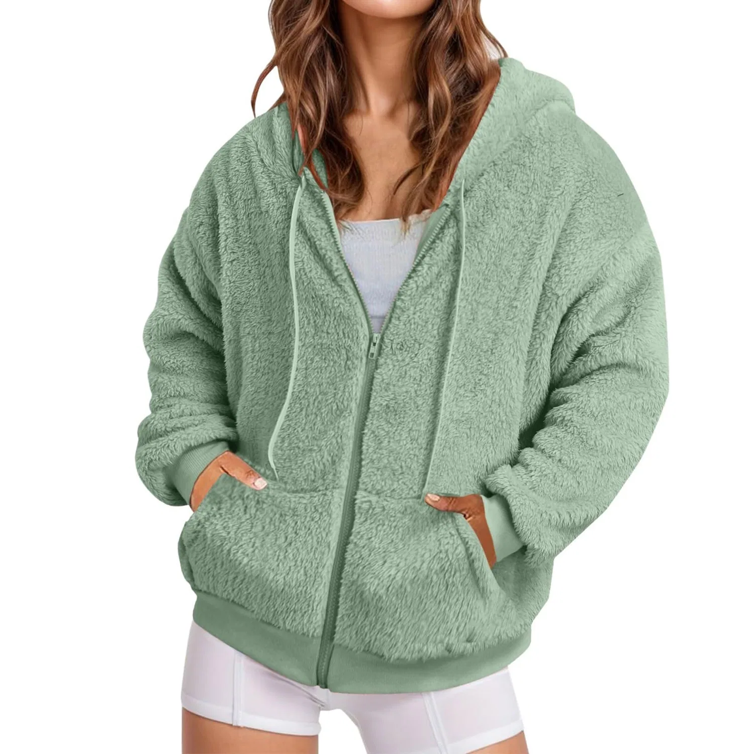 Женская куртка-худи с капюшоном и молнией, флисовая, Teddy, oversize, Verde Menta