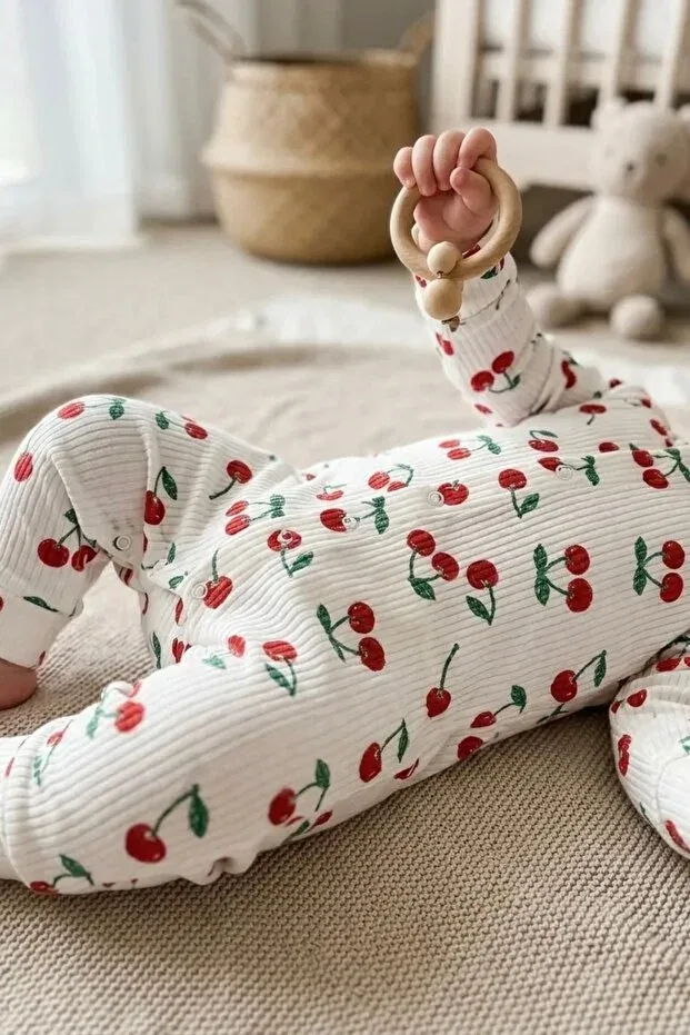 Детский комбинезон для новорожденных с принтом Cherry Printed Zıbzıb Baby, Ecru — фото 2