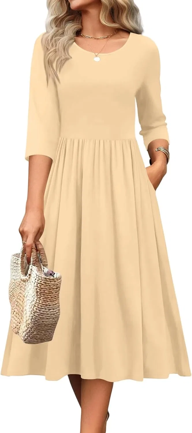 Женское макси-платье с рукавом 3/4 A-силуэта, Beige
