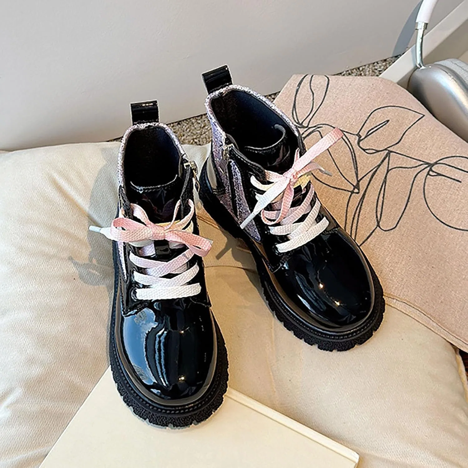 Детские ботинки на молнии сбоку с принтом для девочек, Black — фото 4