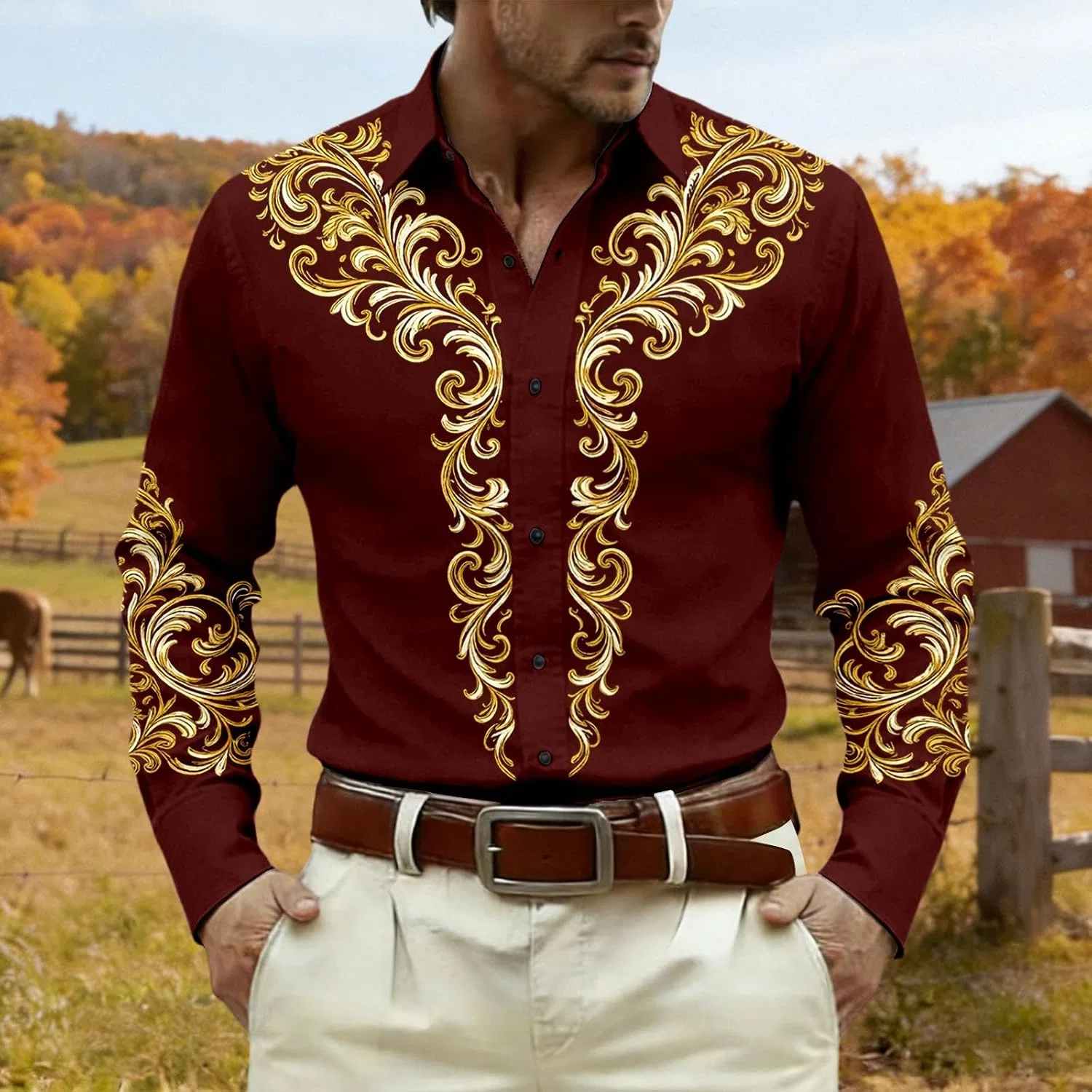 Мужская рубашка с принтом Country Cowboy Vintage Rockabilly, винный — фото 2