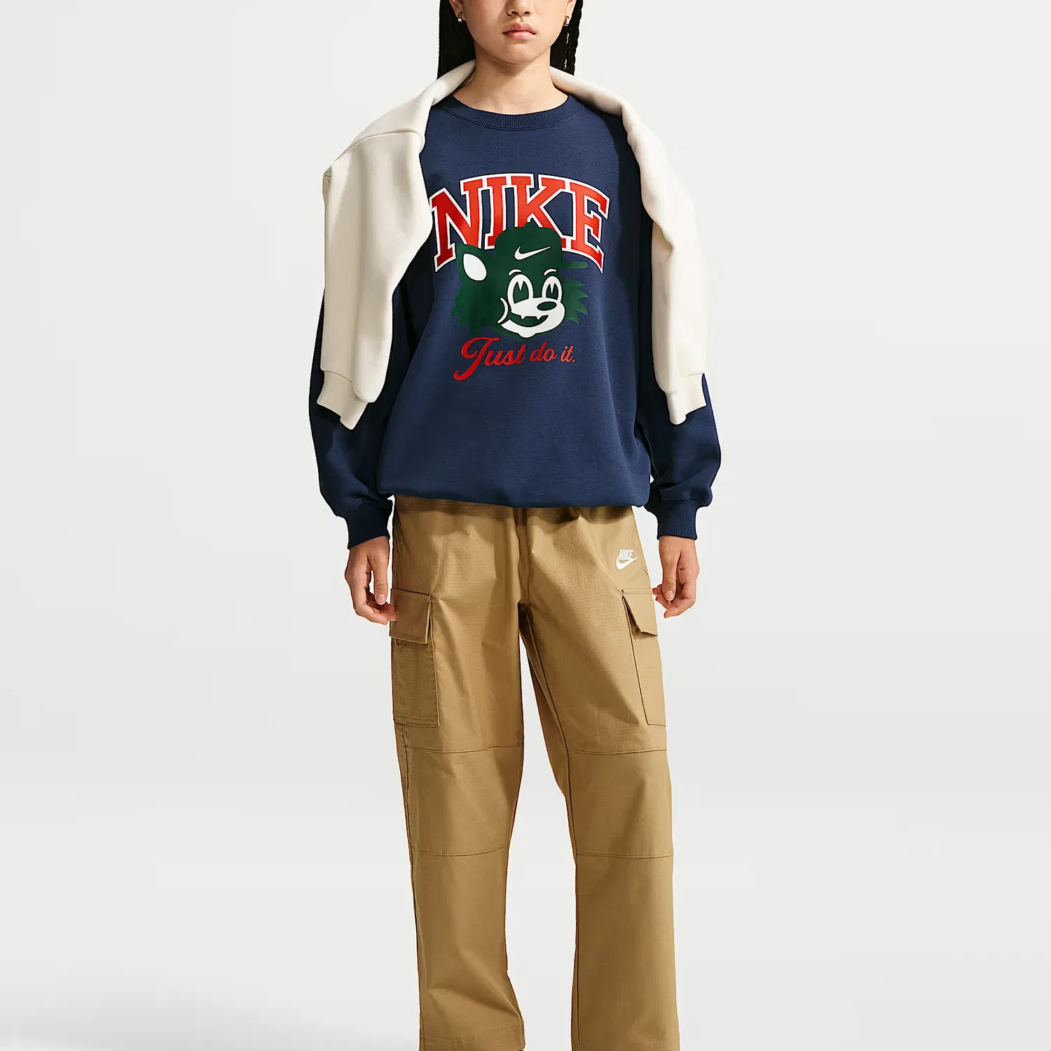 Детский свитшот с начесом Oversize Style Fleece Lined Crew Neck Nike, Dark Navy Blue — фото 3