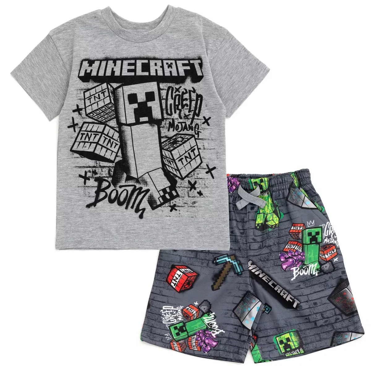 Детский комплект футболки и шорт с принтом Minecraft Creeper Skeleton Zombie Enderman Graphic T-Shirt and Mesh Shorts Outfit Set Minecraft, Grey