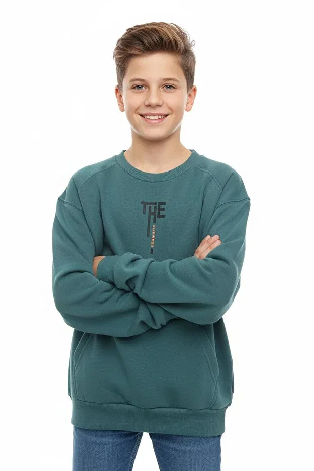 Детское для мальчиков свитшот с принтом Kangaroo pocket crew neck Newkids, Green — фото 2