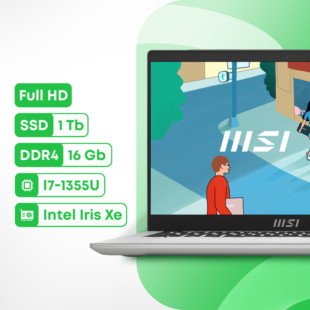 

Ноутбук MSI Modern 14 C13M, 14", 16 ГБ/1 ТБ, i7-1355U, Intel Iris Xe, серебристый, английская клавиатура
