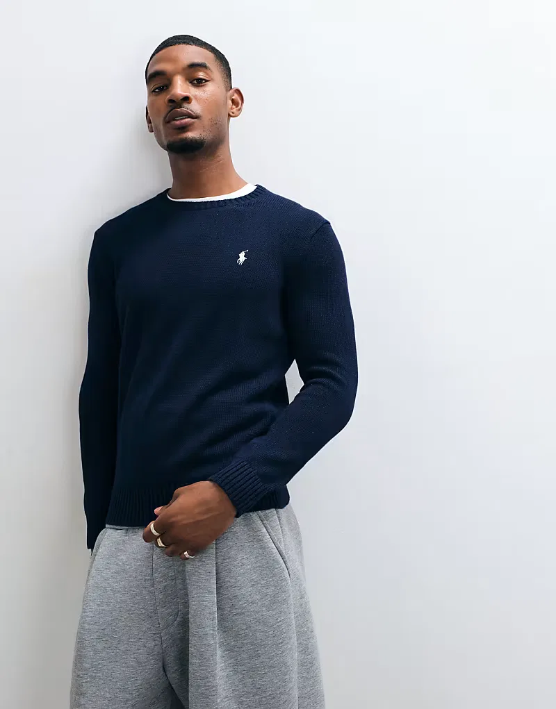 Тяжелый хлопковый вязаный джемпер Polo Ralph Lauren с логотипом Icon, темно-синий
