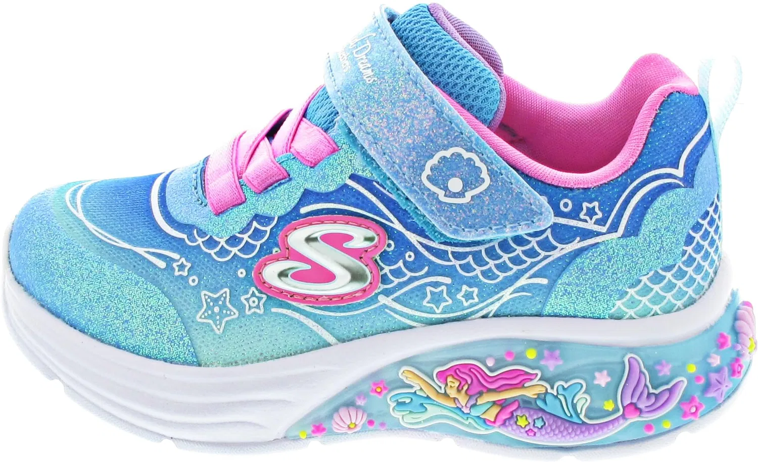 Детские кроссовки для девочек с блестками My Dreamers Lil Mermaid Skechers, Blue Sparkle Mesh Multi Trim