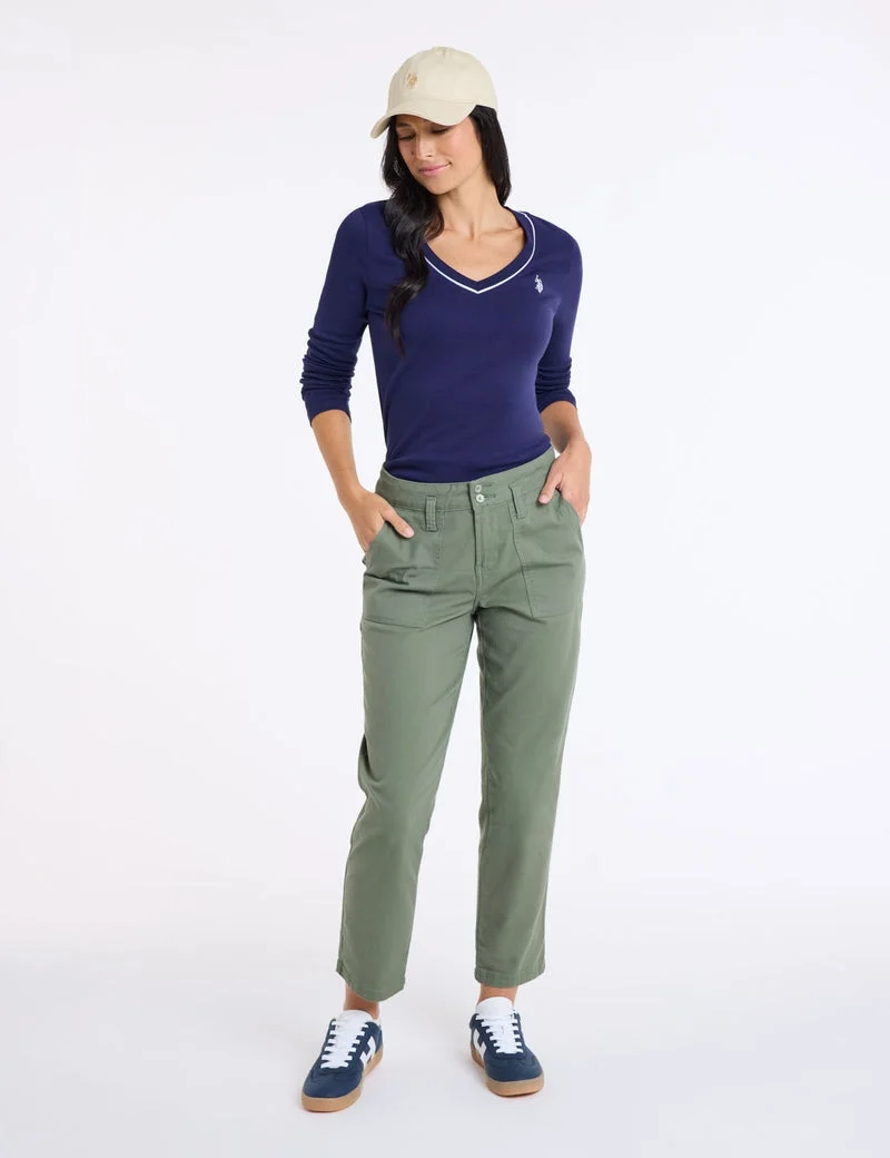 Женский лонгслив U.S. Polo Assn. Rib Pipe V-Neck T-Shirt, темно-синий — фото 4