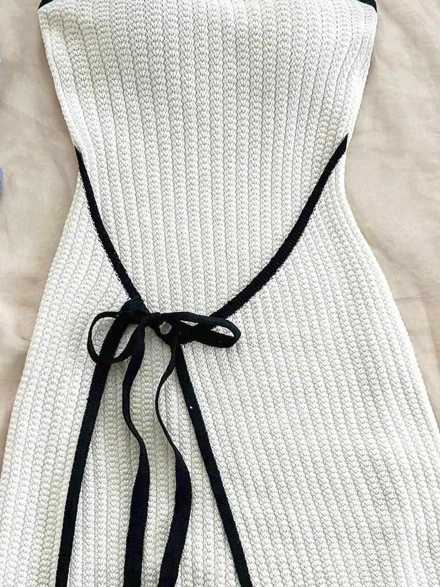 Женское мини-платье без рукавов с кружевной шнуровкой Generic, Beige — фото 3