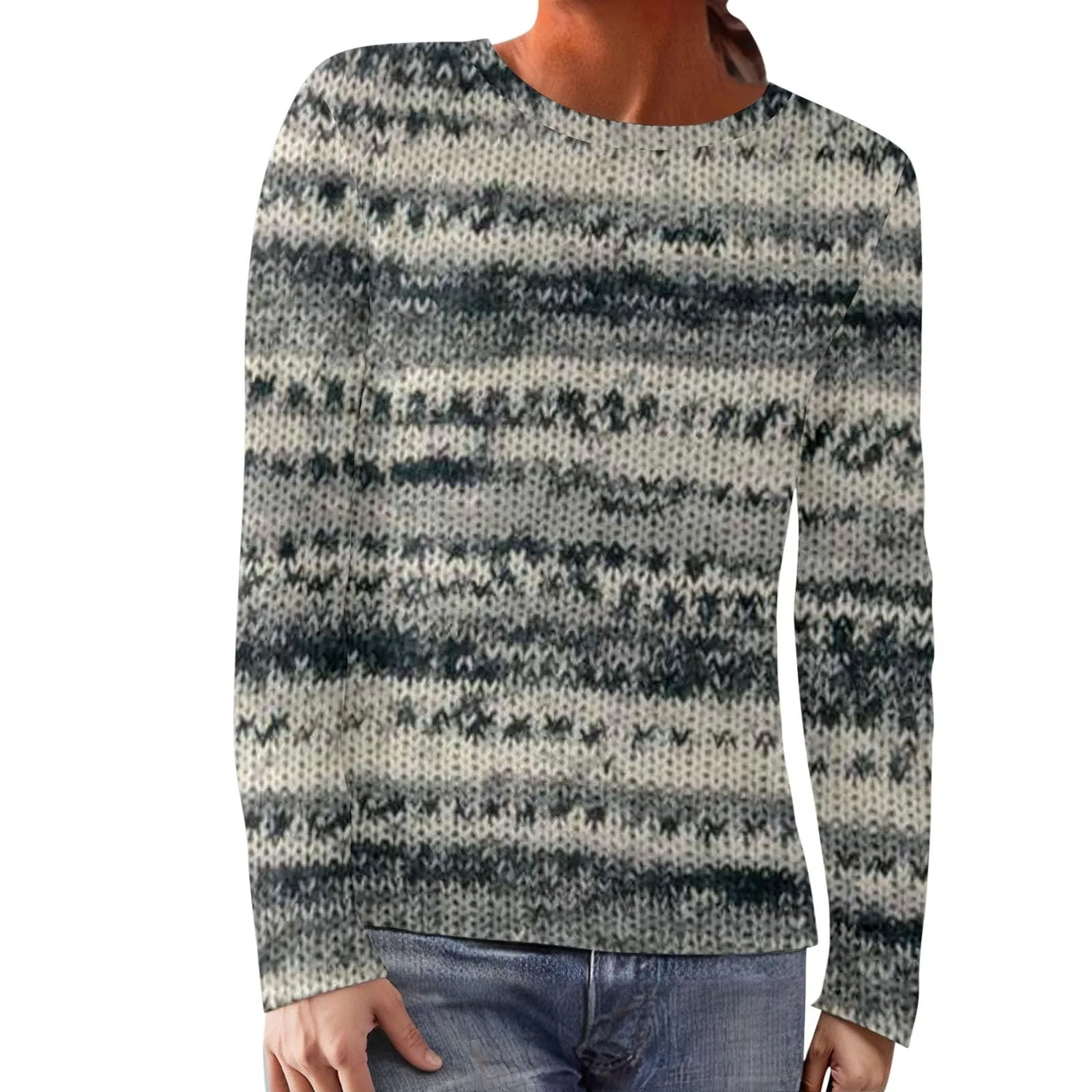 Женский свитшот с принтом Mountain Women's Warm Elegant Mountain Printed Crew Neck Comfortable Long Sleeve Knitted Sweatshirt Casual Winter Crew Neck Sweater, T-green