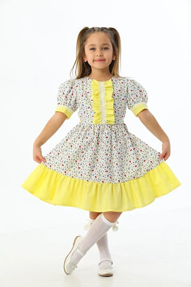 Детское платье для девочек с принтом Yellow Butterfly Patterned Frilly Moda Lippa, Sarı