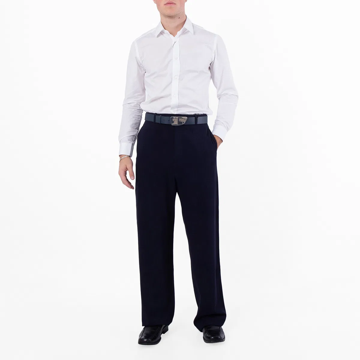 Брюки классические свободного кроя с длинной штаниной Balenciaga, Dark Navy — фото 3