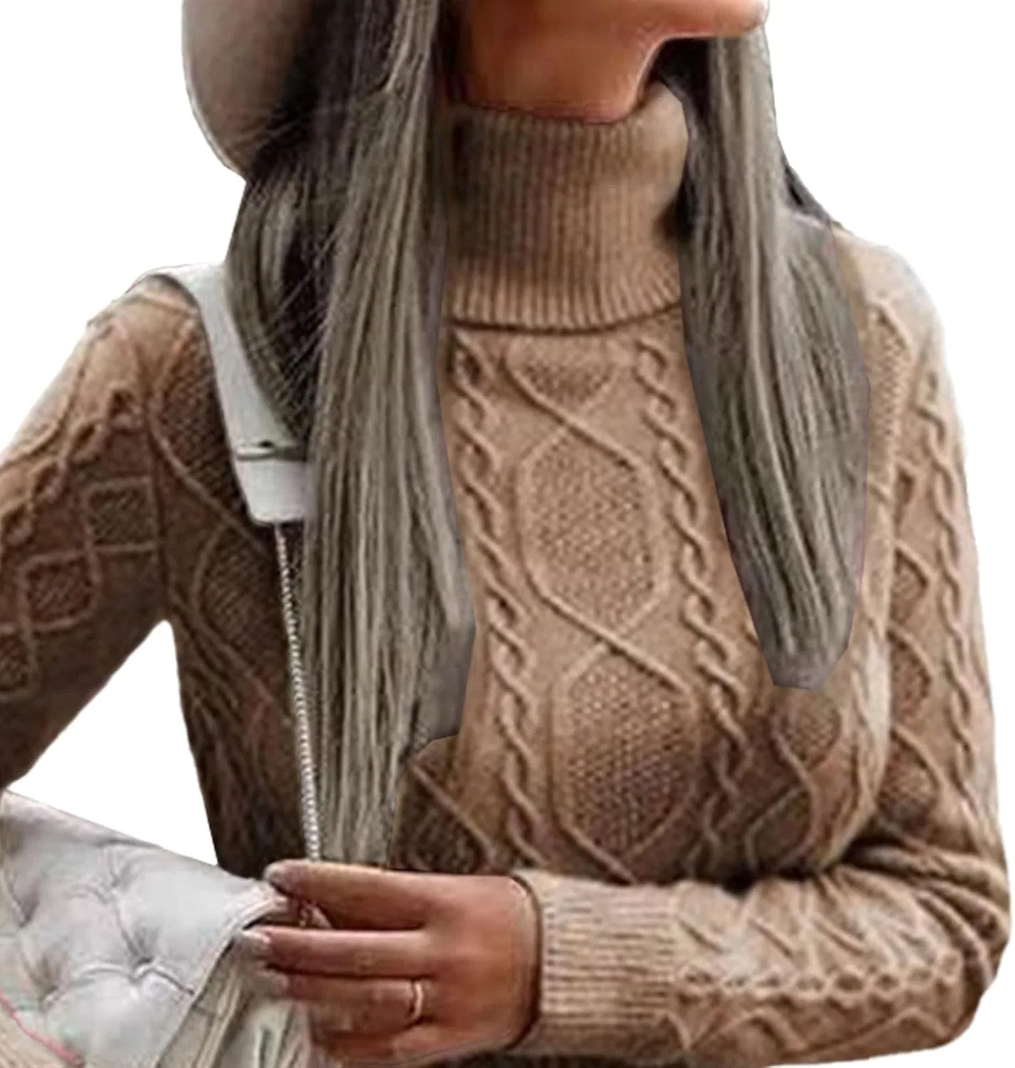 Женское платье-свитер с высоким воротником и косами, модель Fall Sweaters, кэмел — фото 3