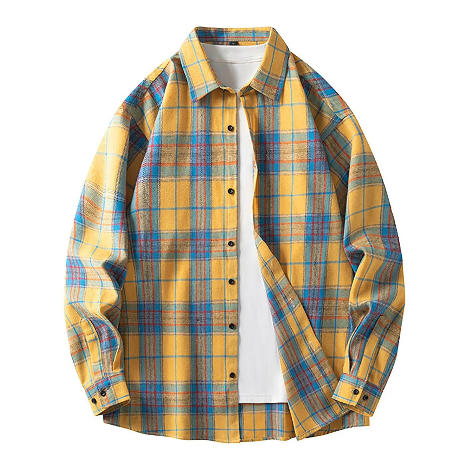 Мужская рубашка с длинным рукавом с принтом, Men's Yellow Plaid Shirt