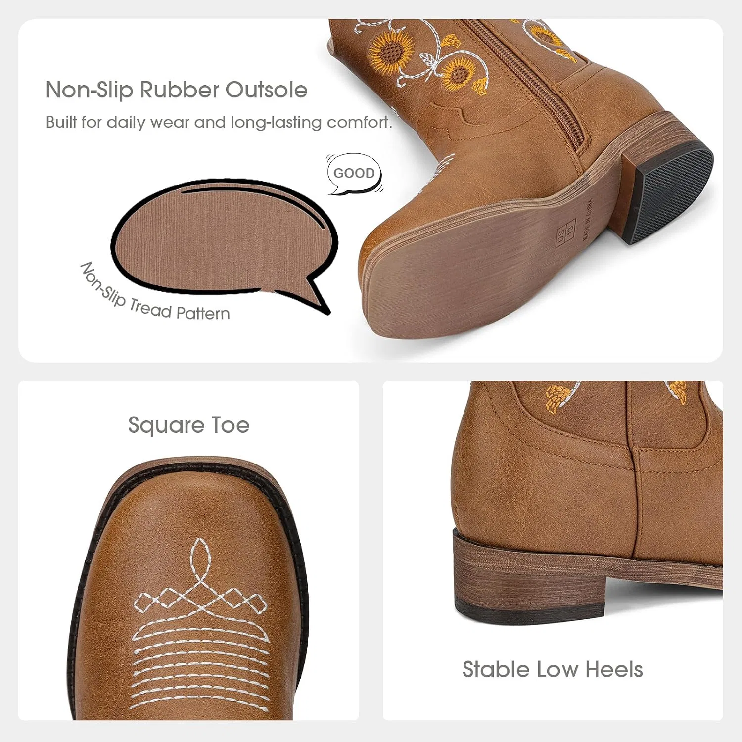 Детские сапоги для девочек с цветочной вышивкой Western Cowgirl Boots Bybmorto, Brown — фото 4