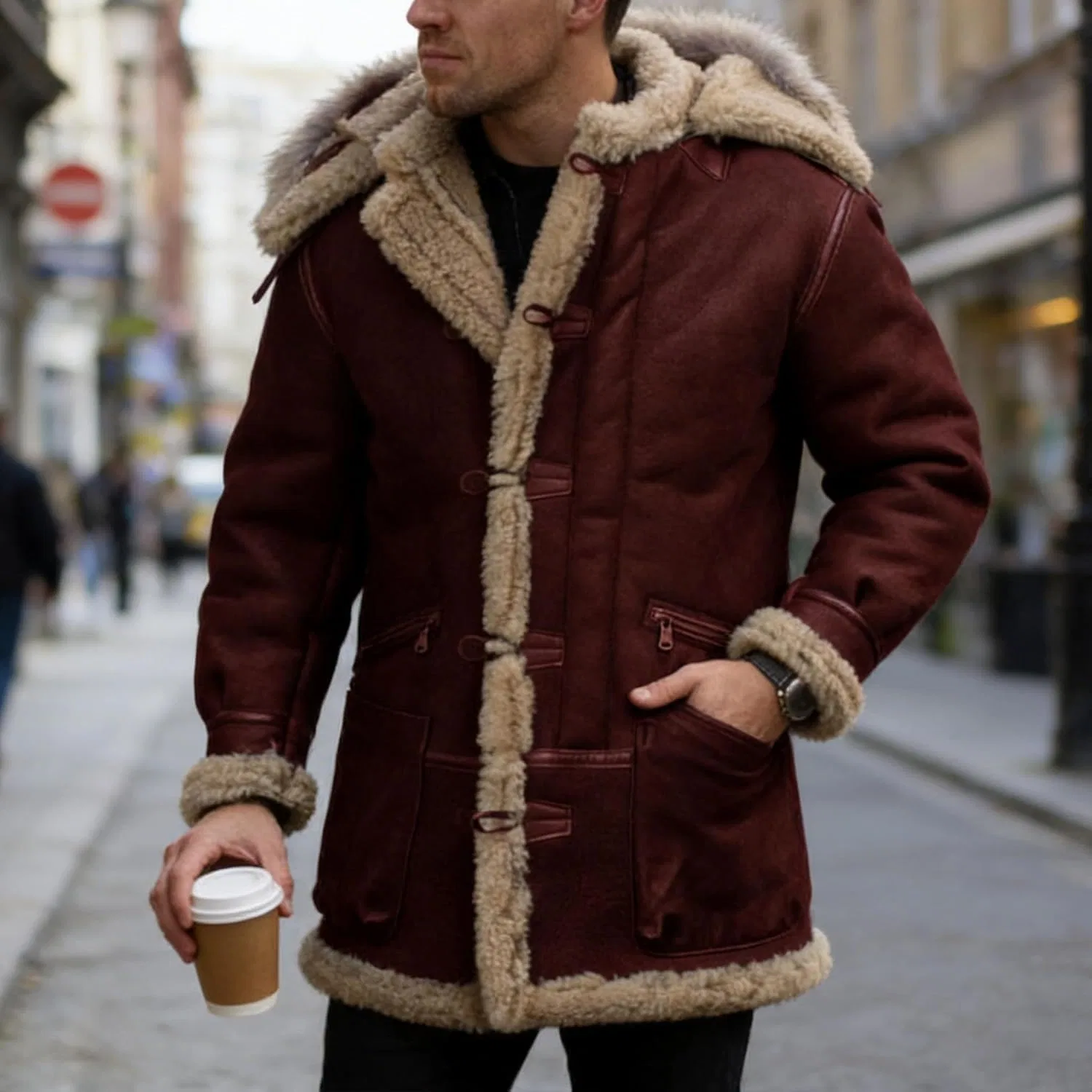 Мужское кожаное пальто-тренч с подкладкой из овчины, Vintage Trench, красный — фото 2
