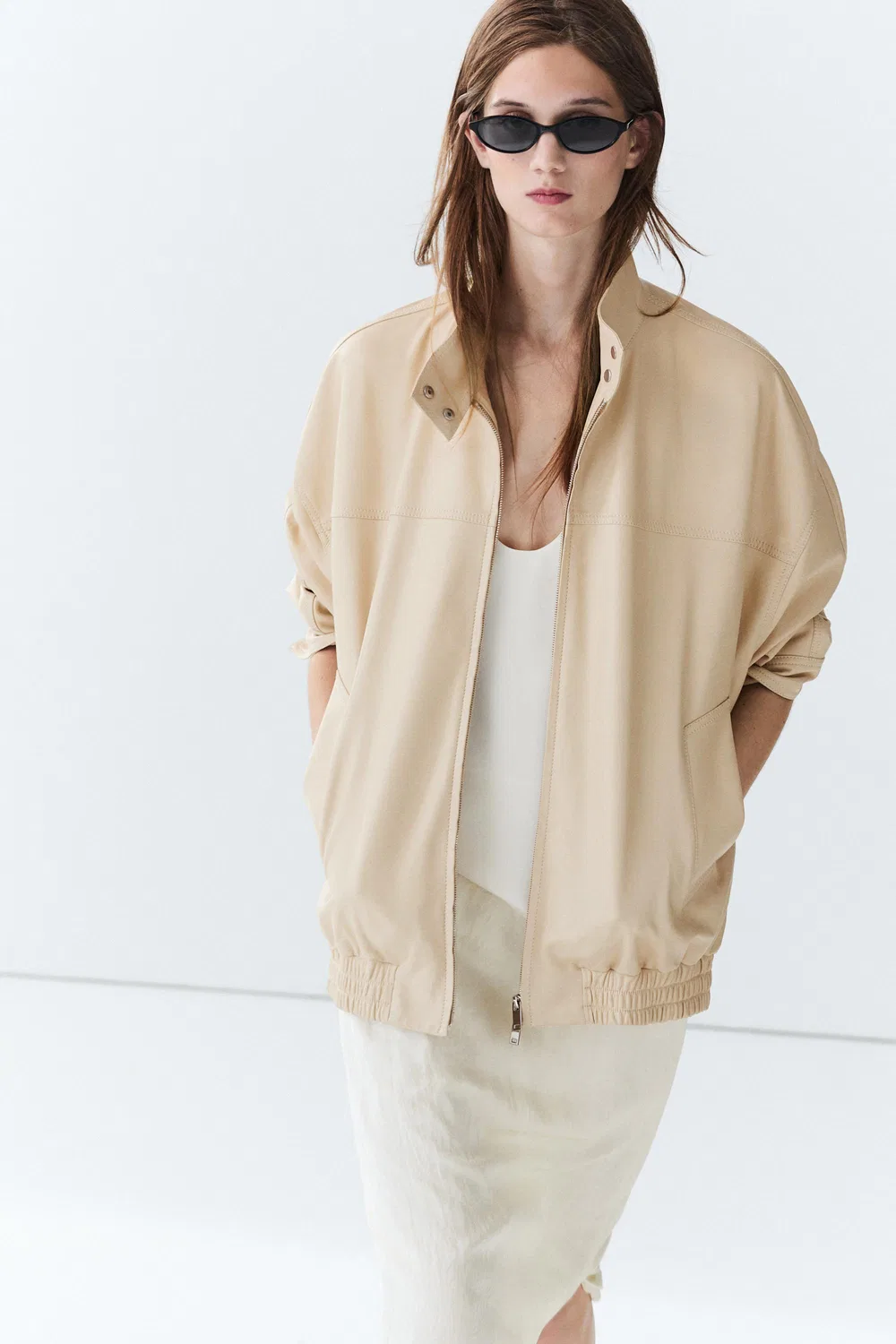 Куртка Massimo Dutti Elastic Hem Leather, кремовый