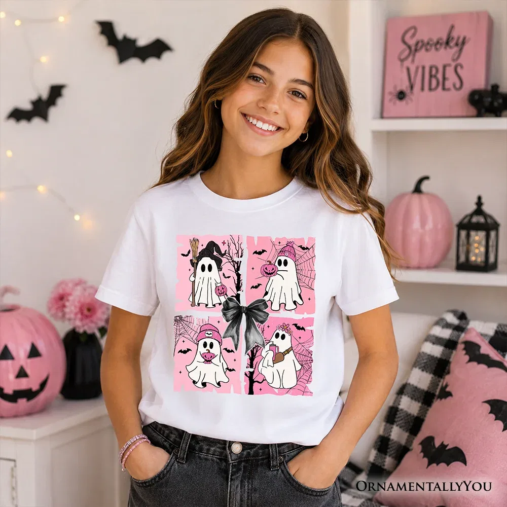 Детская футболка с принтом Cute Ghost Kids T-Shirt Spooky Season Graphic Tee OrnamentallyYou, черный — фото 2