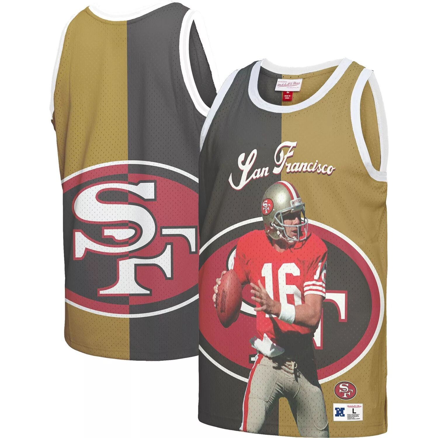 

Мужская майка Mitchell & Ness Joe Montana черного/золотого цвета с рисунком San Francisco 49ers Retired Player