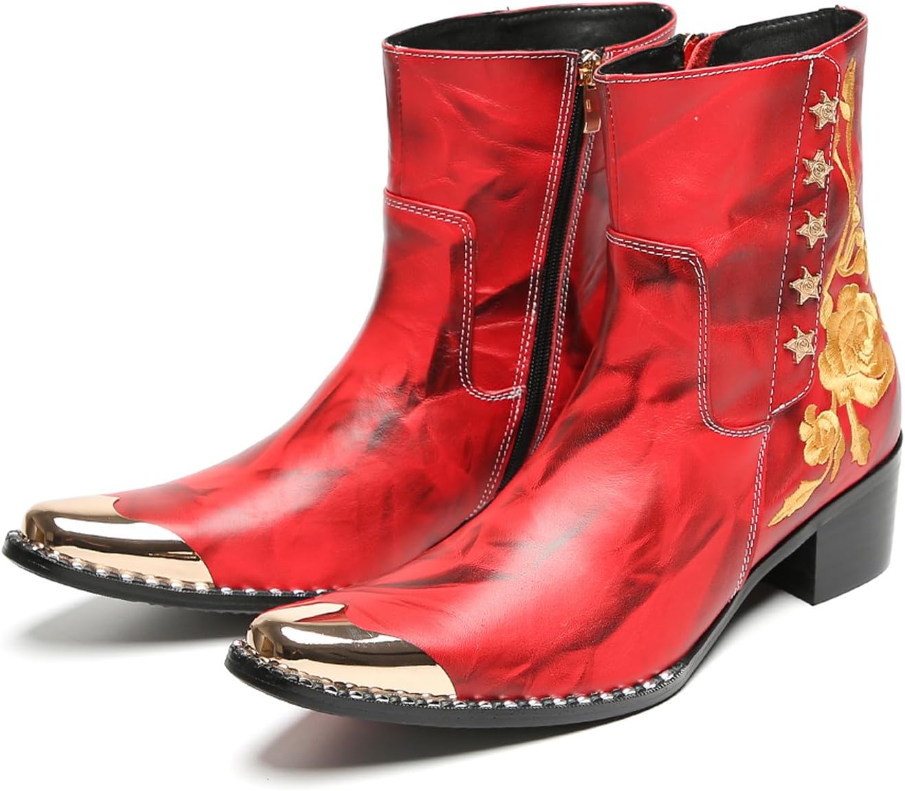 

Мужские кожаные повседневные и праздничные вестерн-сапоги Santimon - с вышитой розой, боковой молнией и металлическим носком, ковбойские ботинки на щиколотку для вечеринок, свадеб, выступлений на сцене и модных нарядов, красный