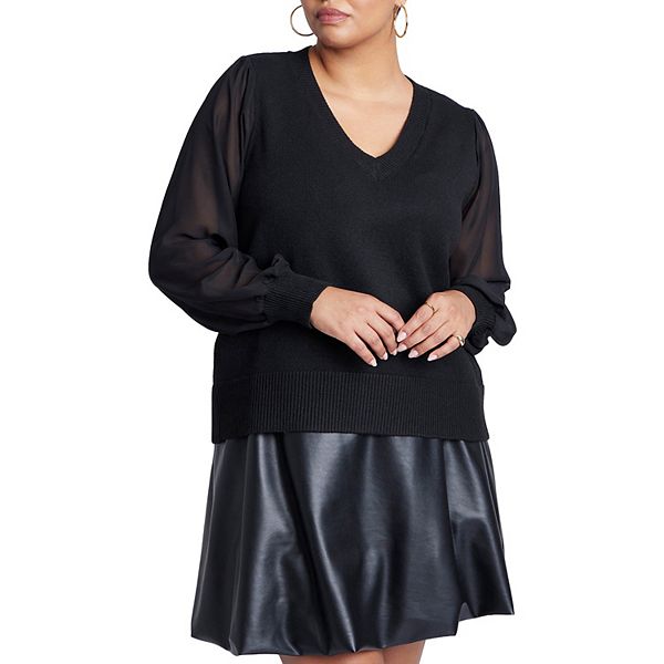 

Женский свитер с V-образным вырезом и прозрачными рукавами plus size Eloquii, Black Onyx
