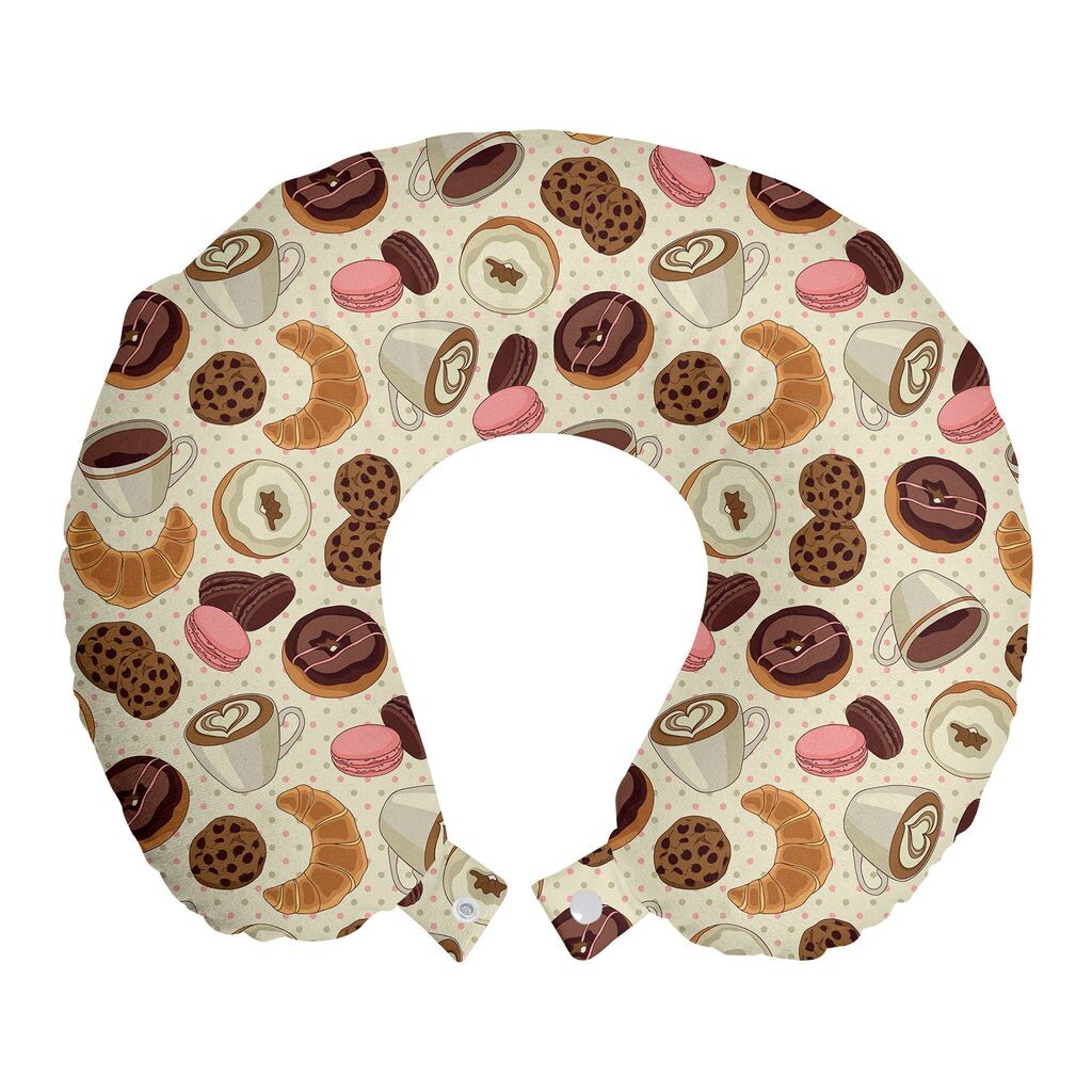 

ABAKUHAUS Dessert Travel Pillow Подушка для шеи, пончики и кофейное искусство, пенопластовые дорожные принадлежности для самолета и автомобиля, 30x30 см, Светло-Розовый Коричневый Кремовый