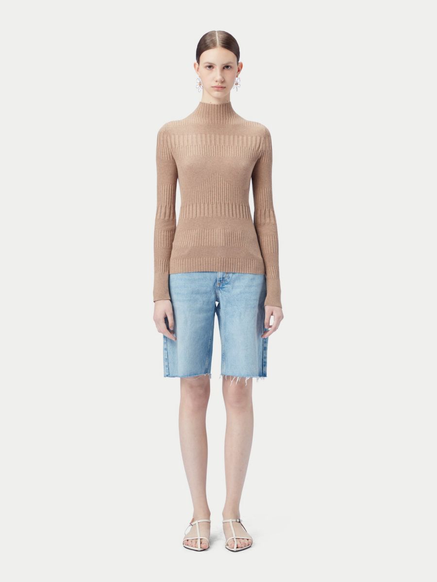 

Женский свитер с высоким воротником из ребристой ткани, сочетающей хлопок, шелк и кашемир Gobi Cashmere, Neutral-silver mink