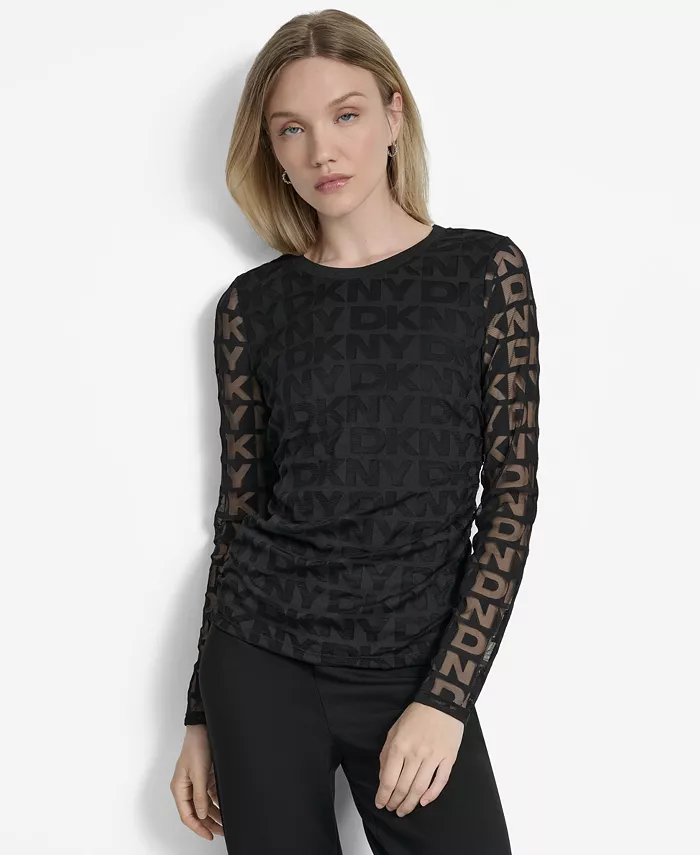 

Женский топ с длинными рукавами из сетчатого жаккарда с логотипом DKNY, черный