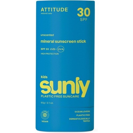 

ATTITUDE Минеральный солнцезащитный стик для детей SPF 30, проверен EWG, не содержит пластика, широкий спектр защиты от UVA/UVB, с оксидом цинка, дерматологически протестирован, веганский, без запаха, 60 г