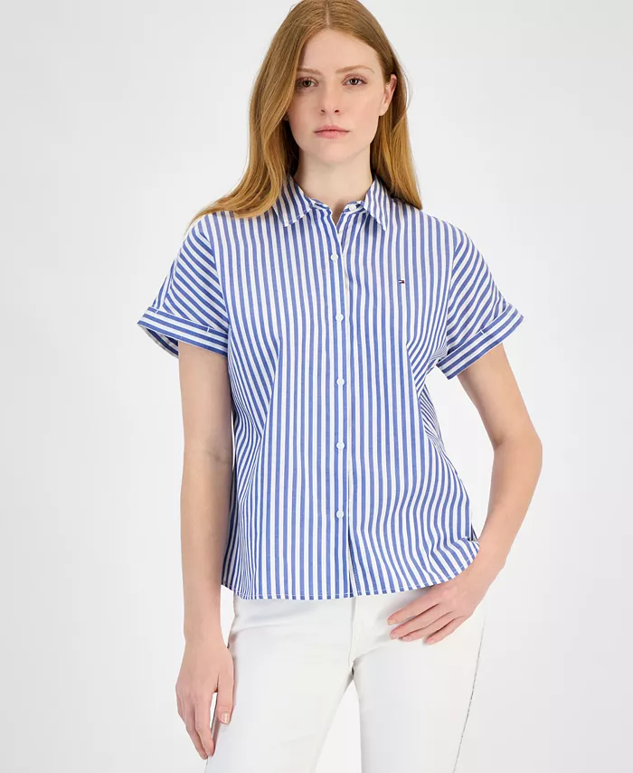 

Женская хлопковая рубашка с полосками и манжетами на рукавах Tommy Hilfiger, синий