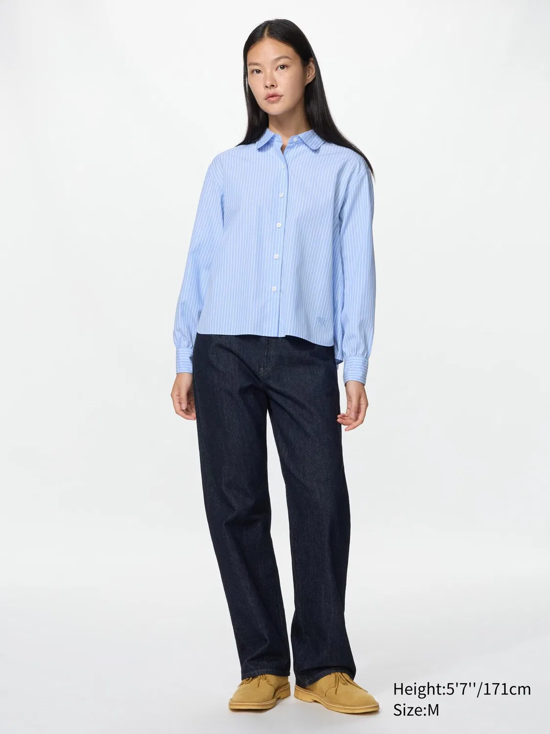 Рубашка Uniqlo, хлопковая в полоску, с объемными рукавами, синий — фото 2
