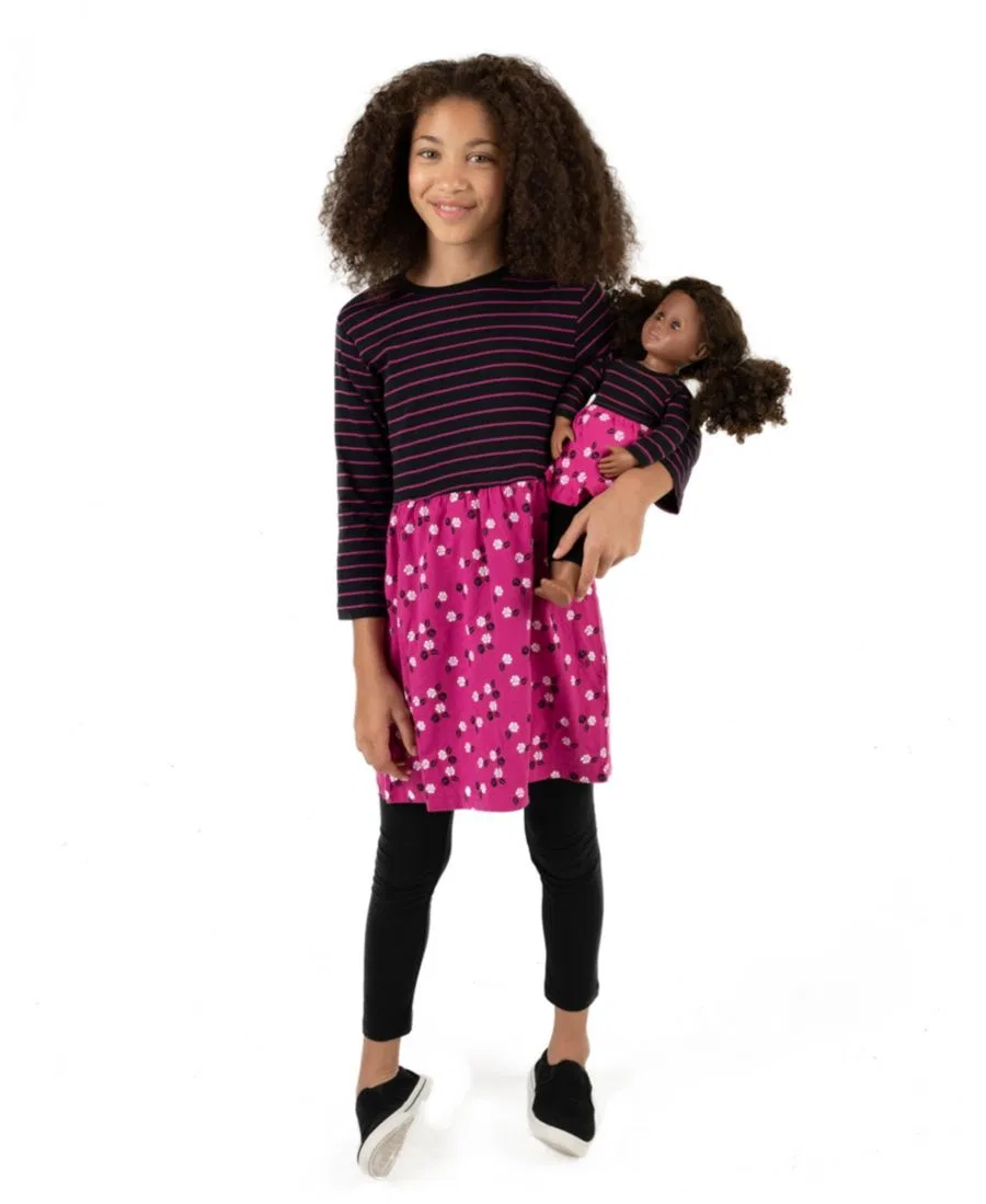 Платье-трапеция с длинным рукавом из хлопка Big Girls Matching Doll 100% Cotton Long Sleeve Skirt Dress Leveret, Flower Pink