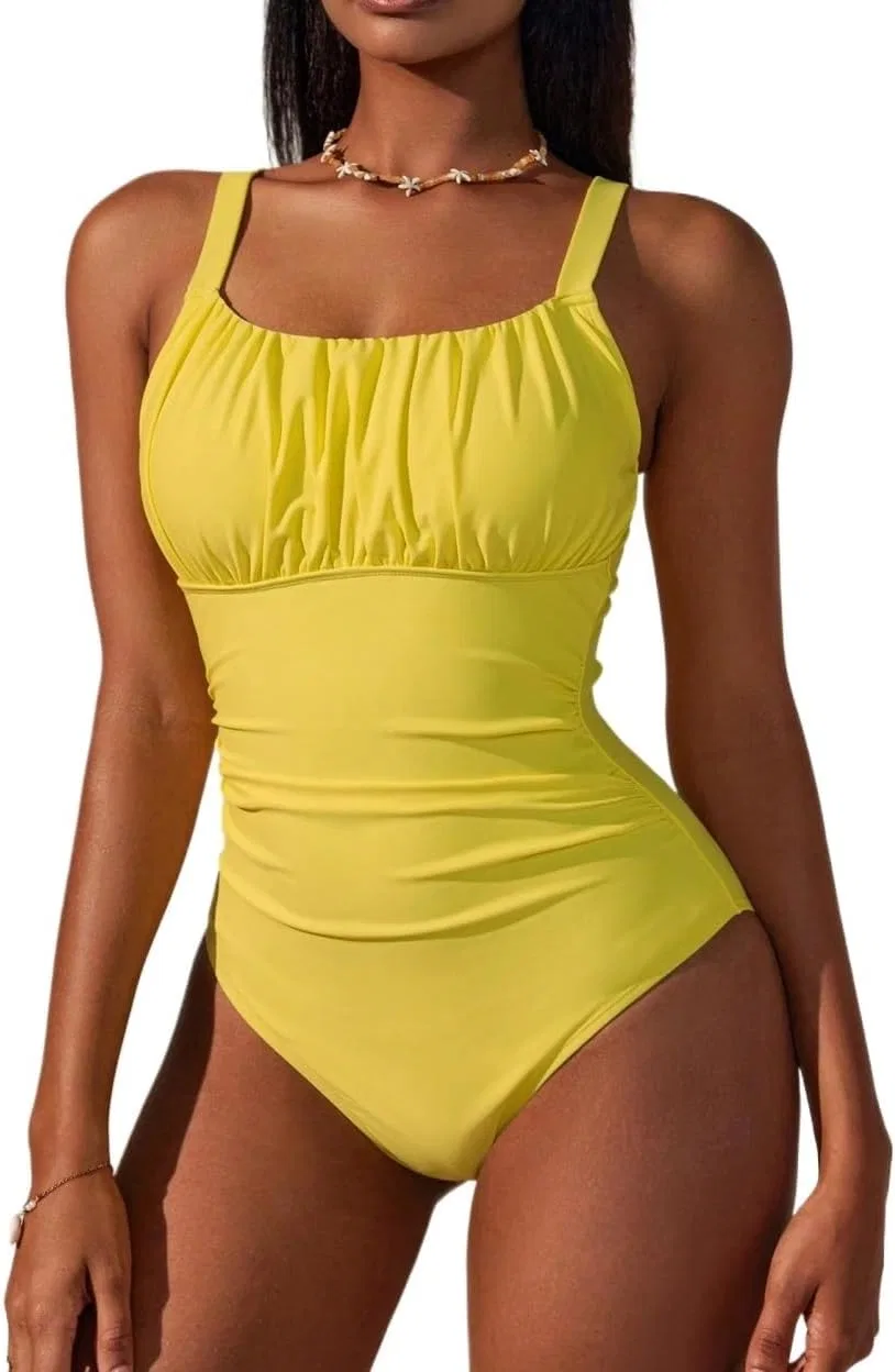 Женский цельный купальник с открытой спиной и защипами Monokini, Yellow