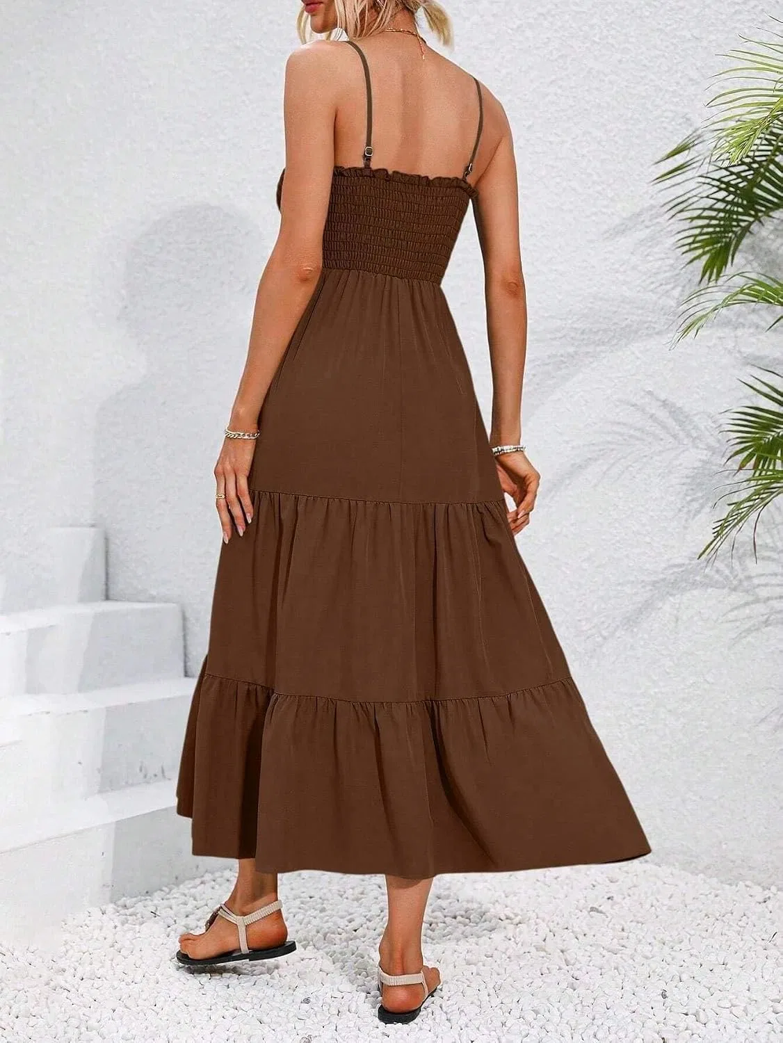 Женское макси-платье на бретелях с воланами Casual, Brown — фото 2