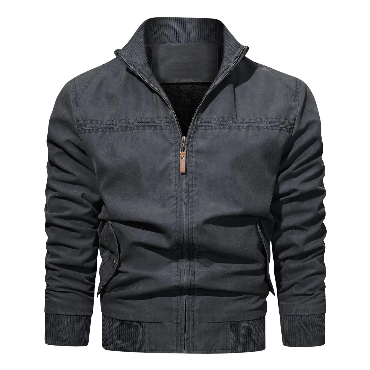 Мужская куртка из экокожи с воротником-стойкой Retro Winter Jacket, zzzz03-black — фото 3