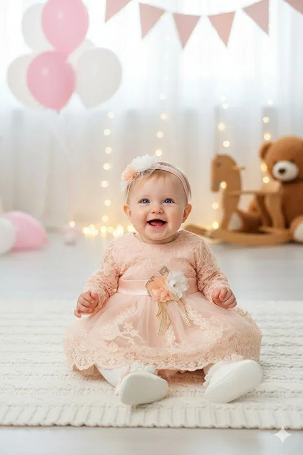 Детское платье для девочек с длинным рукавом комплект из 5 предметов Petite Ponpon Baby, Powder