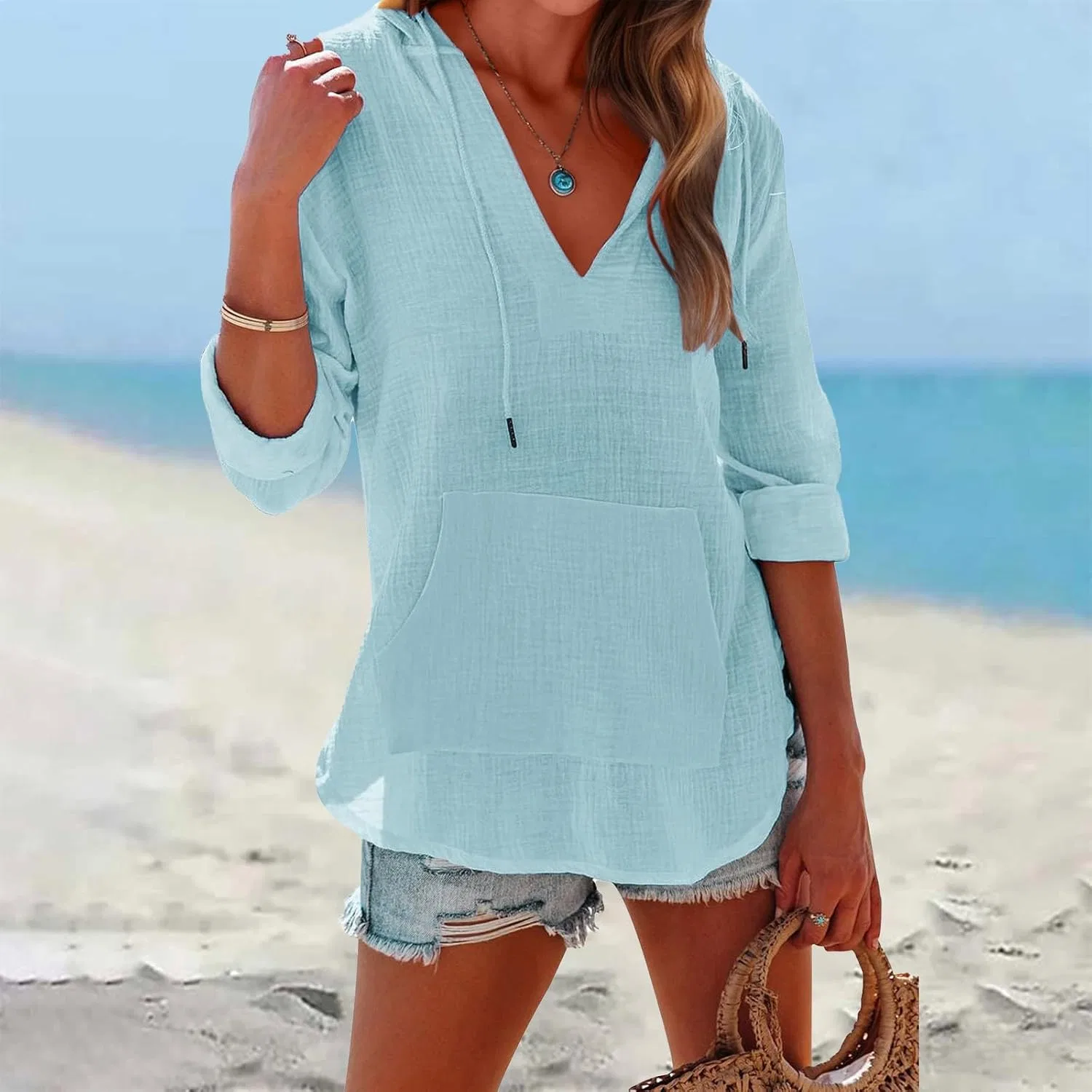 Женская пляжная рубашка с длинным рукавом из льна, B-light Blue — фото 3