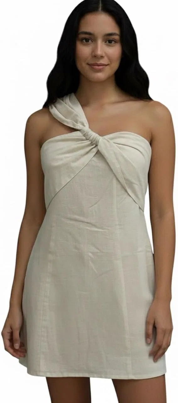 Женское мини-платье с одним рукавом и узлом Cotton-Linen, Natural