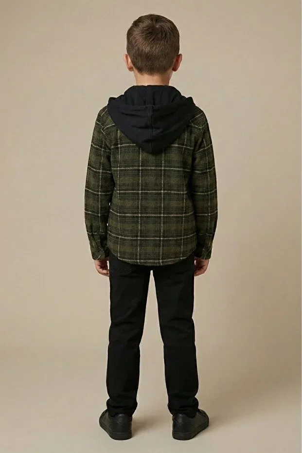 Детская рубашка для мальчиков с капюшоном Happy hooded fur lined boys' shirt Mutlu Kids, Khaki — фото 2