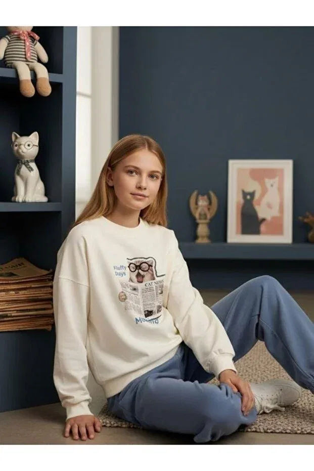 Детские свитшот для девочек с принтом Cat Printed Oversized Design Zekids, Ecru — фото 4