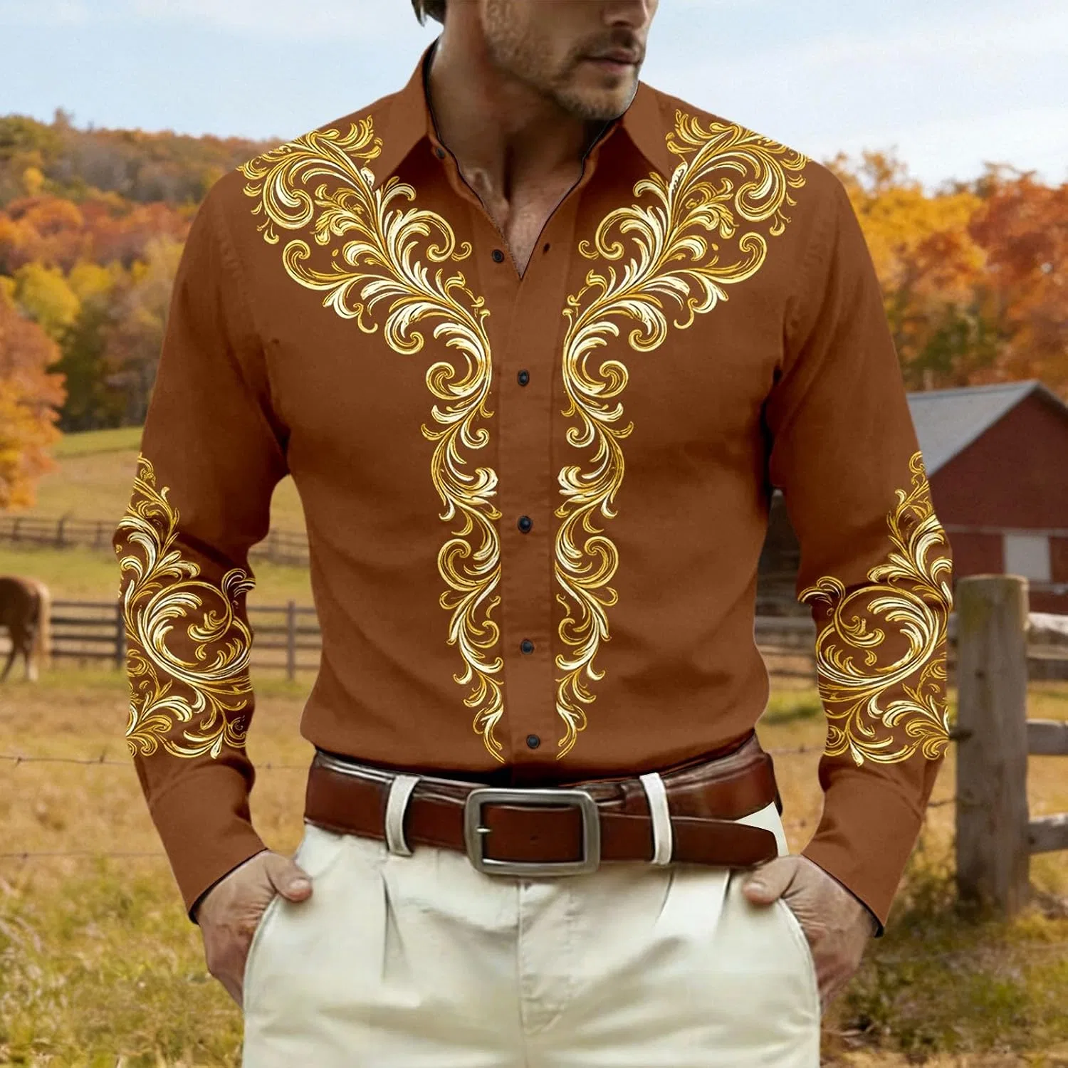 Мужская рубашка-ковбой с принтом Country Cowboy Vintage Rockabilly, коричневый — фото 2