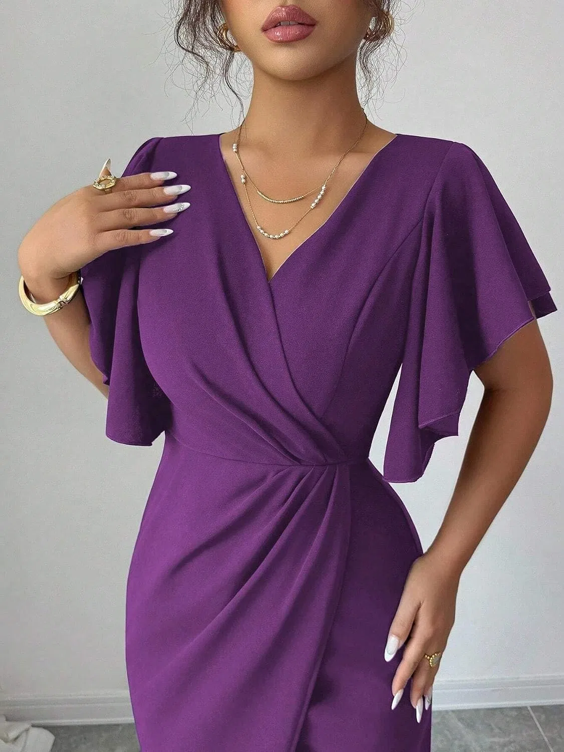 Женское элегантное платье макси с V-образным вырезом и батик-рукавами, Purple — фото 4