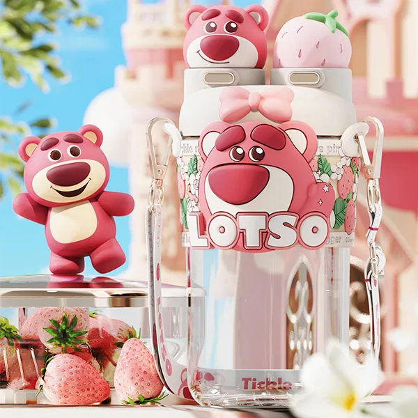Детская бутылка для воды с трубочкой 700 мл, модель Lotso White, Disney, White/Red — фото 3