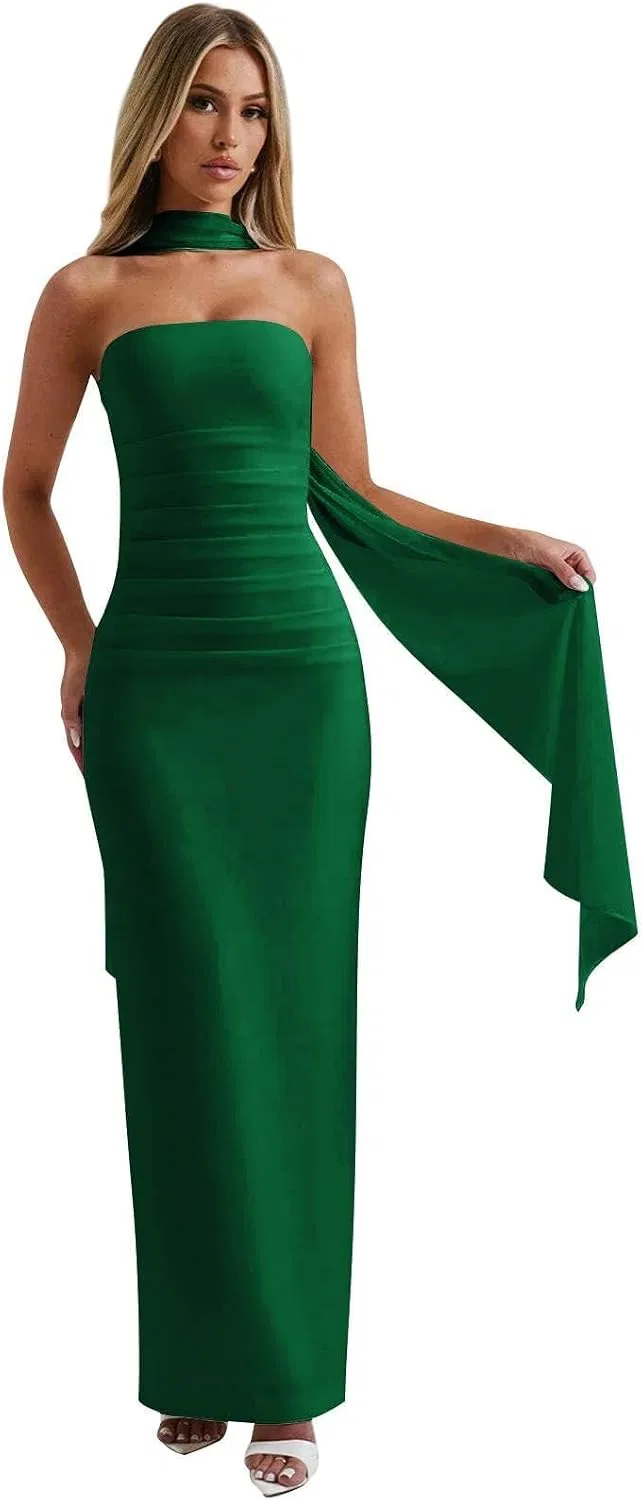 Женское длинное платье-русалка с драпировкой из шифона Strapless Formal Evening Gown, Emerald Green