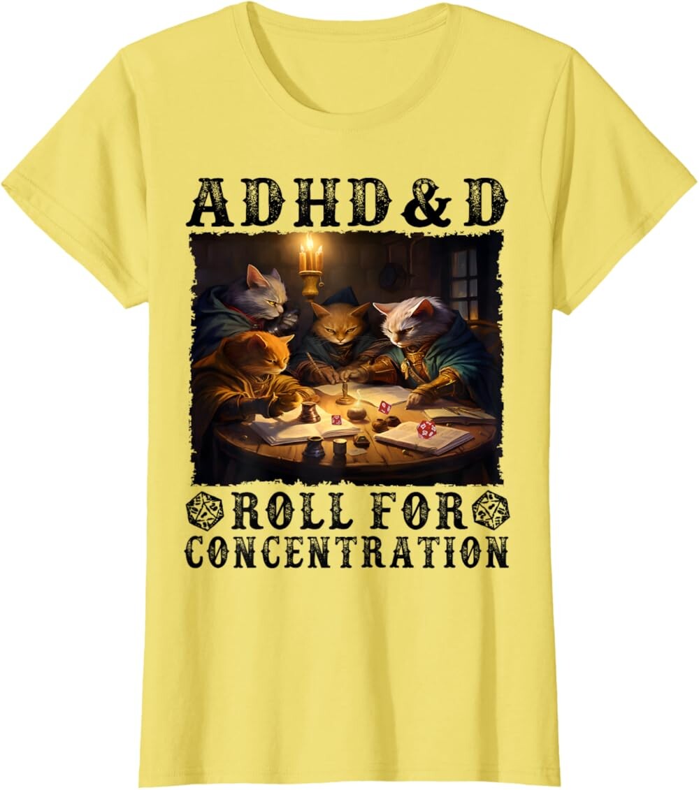 

Женская футболка Funny Tees Gamer RPG Apparel Cats RPG Gamer Roll For Concentration, желтый
