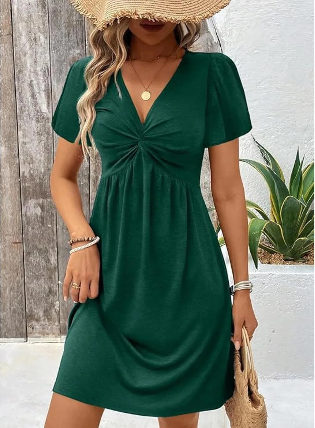 Женское повседневное платье с V-образным вырезом и скрученным передом, Dark Green — фото 2
