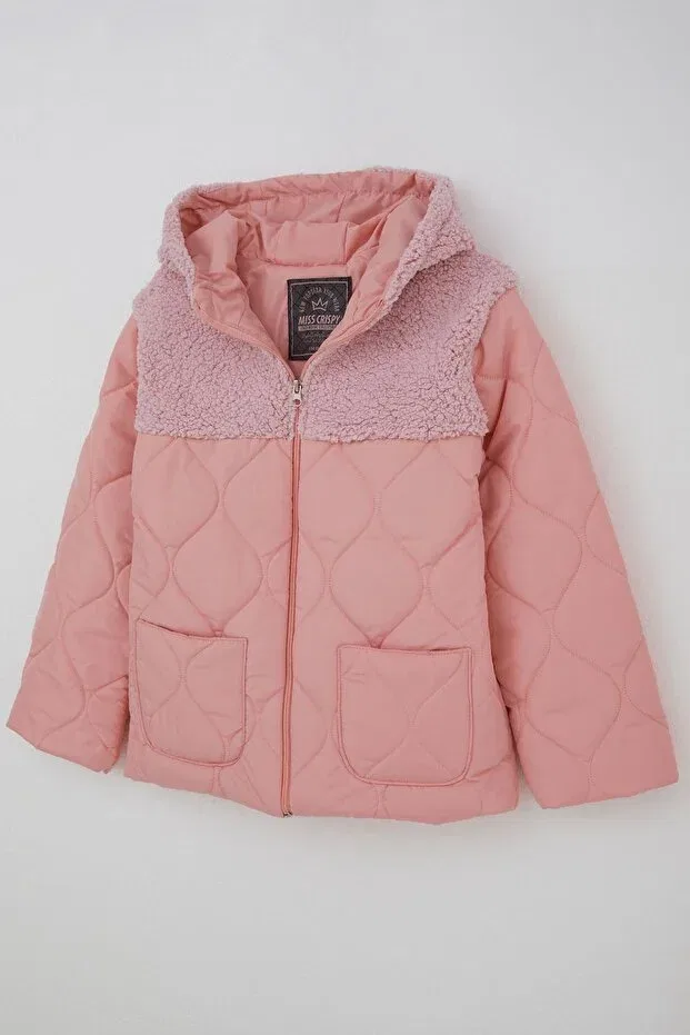 Детское пальто для девочек стеганое Girls Quilted Coat with Zipper and Plush Detail Ages 5-8 Reycan, Salmon — фото 4